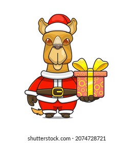 cute camel cartoon, giving christmas gifts and wearing santa claus costume, cute animal character wearing christmas costume, front view. kawaii and simple style, perfect for christmas content
