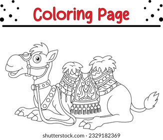 Cute camel cartoon with saddlery. Animals Coloring book for kids.