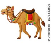 Cute camel cartoon with saddlery. Vector illustration