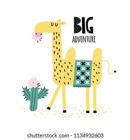 Cute camel eats a cactus. Camel traveling through the desert with cacti. Childish print for nursery, kids apparel, postcard, poster. Vector Illustration.