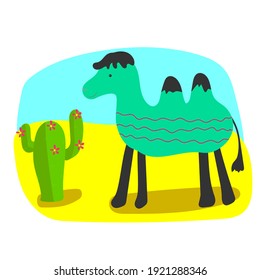 Cute Camel im skandinavischen Stil. Blaues Kamel und Kaktus in einer Wüste. 
Geeignet für die Gestaltung von Kinderbekleidung, Taschen, Notebooks und mehr.
