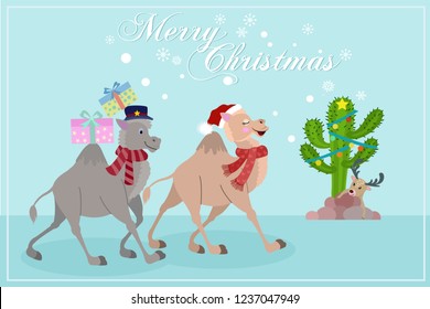 Cute camel with gift Christmas card design 