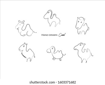 cute camel hand drawn icon vector set line art, Doodle Cartoon Animals in black and white style, Perfect for invitations,greeting cards, prints, posters