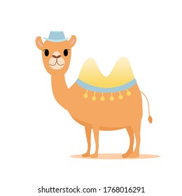 Cute camel in hat. Good for postcard.  Cartoon style. Vector isolated elements
