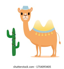 Cute camel in hat near cactus with garland. Good for postcard.  Cartoon style. Vector isolated elements