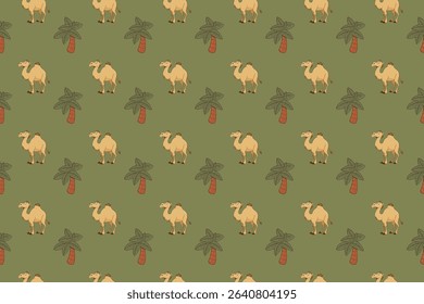 Cute camel and palm tree seamless pattern on olive green, ideal for kids clothing, nursery decor, fabric prints, and themed party supplies. Vector art