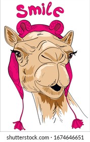 Cute camel in pink hat. Humor card, poster, t-shirt composition, hand drawn style print. Smile - lettering. Vector illustration.