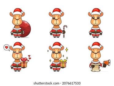 cute camel set, animal character bundles in santa costumes, animals wearing christmas costumes. cartoon in kawaii style, chibi mascot. very suitable for Christmas content. for adult or child