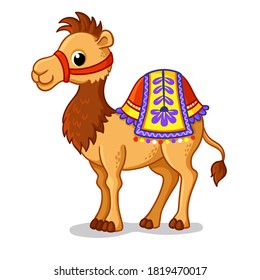 Cute camel stands on a white background in a cartoon style. Vector illustration with cute animals.