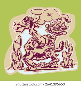 cute camel walking on cloudy desert, vector illustration
