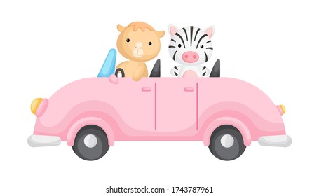 Cute camel and zebra driver on pink car. Graphic element for childrens book, album, scrapbook, postcard or mobile game. Flat vector illustration isolated on white background.