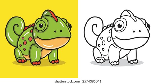 A cute cameleon doll cartoon illustration for a sticker, design element, or coloring book element