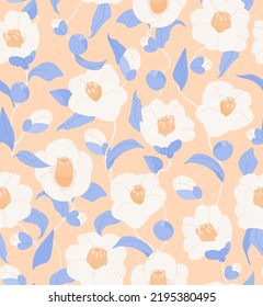 Cute Camellia flowers with leaves seamless vector pattern in pastel colors. Floral flat illustration for branding, package, fabric and textile, wrapping paper