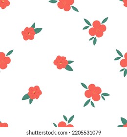 Cute camellia seamless pattern, cartoon flat vector illustration on white background. Elegant Japanese and Korean traditional flower. Jeju island pattern.