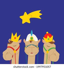 Cute Camels with Three Kings Crowns celebrate Epiphany - cartoon style