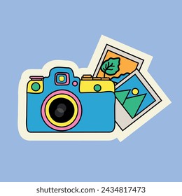 Cute camera in doodle style on a blue background sticker in 2k style vector graphics illustration eps10