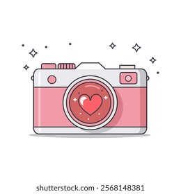 Cute Camera with Heart Icon, Photography, Love, Valentine’s Day, Social Media, Vector Illustration in White Background