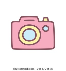 Cute camera icon. Hand drawn illustration of a funny pink photocamera isolated on a white background. Kawaii sticker. Vector 10 EPS.