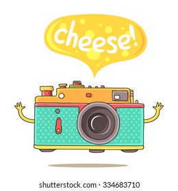 Cute camera and the inscription in the bubble "Cheese!". Vector illustration. Excellent print on a T-shirt. Camera sign. Magic slide. Journalist staff. History day.