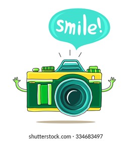 Cute camera and the inscription in the bubble "Smile!". Vector illustration. Excellent print on a T-shirt.