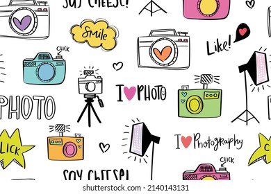 Cute camera photography style cartoon drawings. Seamless pattern repeating texture background design. For fashion graphics, textile prints, fabrics.