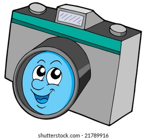 Cute camera with smiling face - vector illustration.