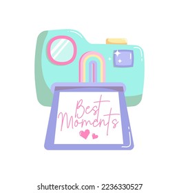 Cute camera with snapshot. Vector illustration of y2k, 2000s, 1990s, 1980s graphic design. Comic element for sticker, poster, graphic tee print, bullet journal cover, card. Bright colors