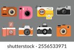 Cute camera vector set. Illustration modern cameras in colorful designs, featuring unique styles and vibrant details. Perfect for creative projects, photography themes, or educational materials.