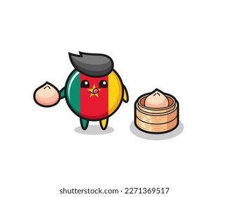 cute cameroon flag badge character eating steamed buns , cute style design for t shirt, sticker, logo element