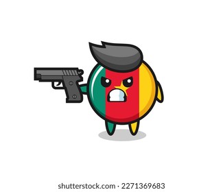 the cute cameroon flag badge character shoot with a gun , cute style design for t shirt, sticker, logo element