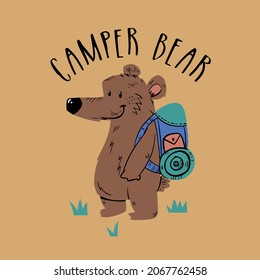 Cute Camper Bear Cartoon Drawing As Vector For Tee Print