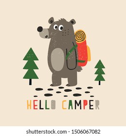 Cute Camper Bear Drawing As Vector For Tee Print