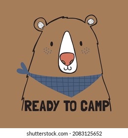 cute camper bear head drawing as vector for tee print