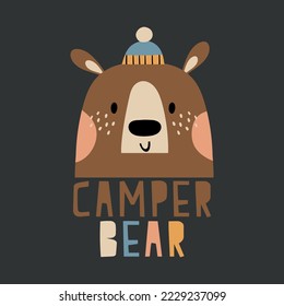 cute camper bear head drawing as vector for kids fashion