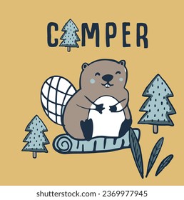 Cute camper and fisher bear hedgehog tree bear family winter animals tee design for kids market as vector