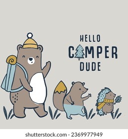 Cute camper and fisher bear hedgehog tree bear family winter animals tee design for kids market as vector