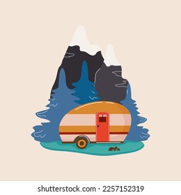 Cute camper in nature in the forest, travel trailer in the mountains.  Concept of wanderlust, travel, and camping adventure. Cartoon flat vector illustration.