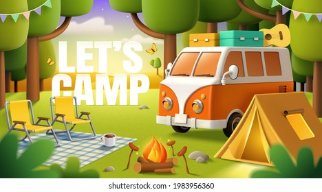 Cute camper van, tent, bonfire and outdoor picnic equipment settled in the forest. Concept of wanderlust, travel, and camping adventure. 3d illustration.