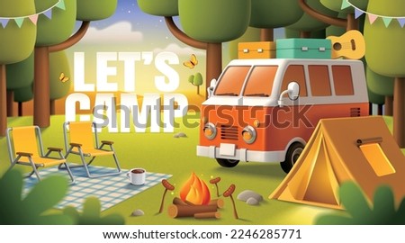 Cute camper van, tent, bonfire and outdoor picnic equipment settled in the forest. Concept of wanderlust, travel, and camping adventure. 3d illustration.
