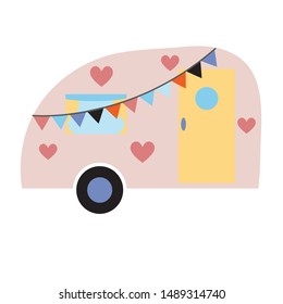 Cute Campervan, Caravan, Camper Vector Illustration Isilated In White Background