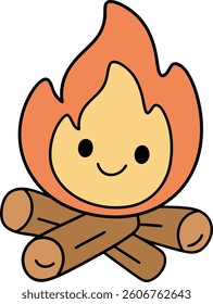 A Cute campfire illustration with smiling face and vibrant flames, perfect for outdoor themes