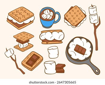 Cute Campfire S’mores And Marshmallow. A playful cartoon collection of s’mores treats marshmallows chocolate and cozy camp snacks in hand drawn style. Perfect for dessert icons and warm outdoor themes