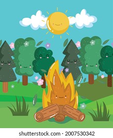cute campfire and trees nature cartoon
