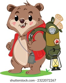 Oso de acampada curado aislado con mochila