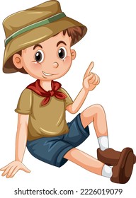 Cute camping boy sitting on white background illustration