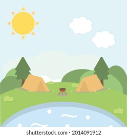 Cute camping cartoon character vector in flat style with sun, clouds, 
 trees, tents, campfire, and water (pond or lake)