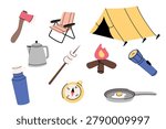 A cute camping gear set of icons. The collection includes a yellow tent, folding chair, axe, thermos, kettle, marshmellows on a stick, compass, campfire, flashlight and a frying pan with eggs