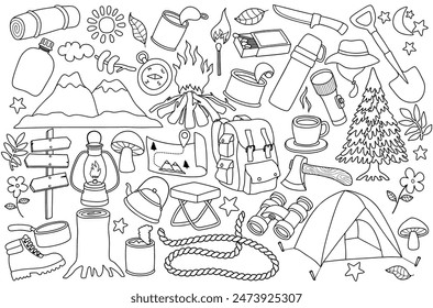 Cute camping and hiking elements doodle set.