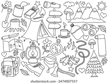 Cute camping and hiking elements doodle set.