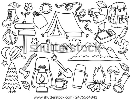 Cute camping and hiking elements doodle set.